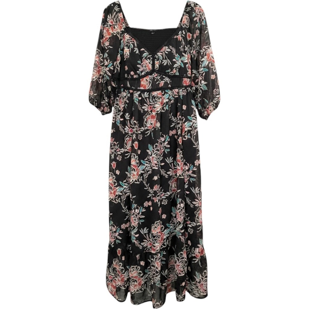 Torrid Baby Doll Black Floral Chiffon Lace Smocked Maxi Dress Size 1 Pockets